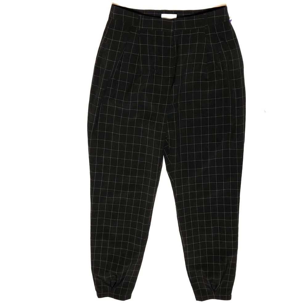 Leith Windowpane Check Crop Pleat Ankle Pants Black TL383571MI Small TTT6